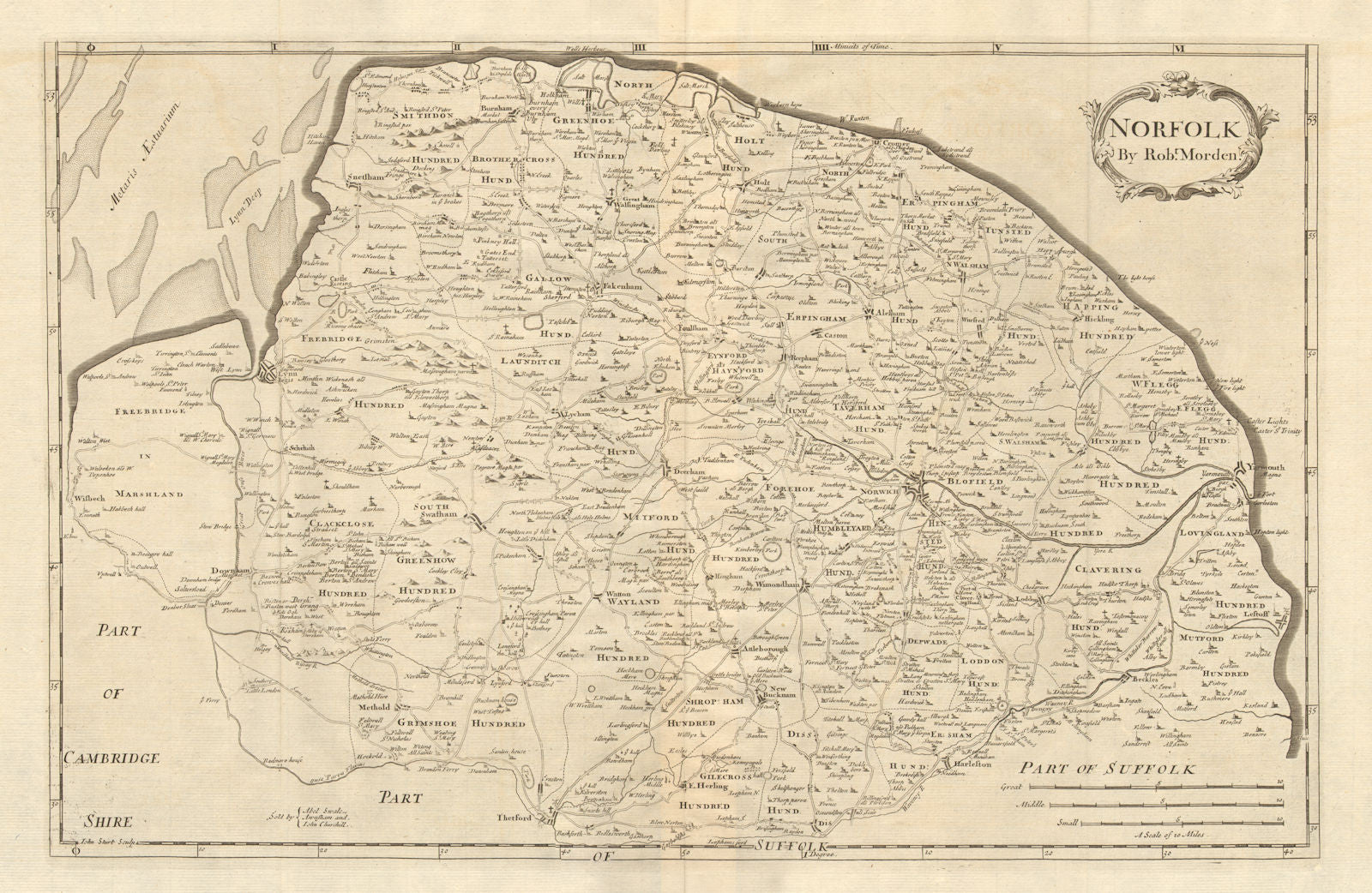 Norfolk. by ROBERT MORDEN from Camden's Britannia 1772 old antique map chart
